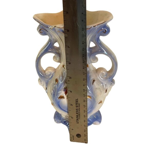 Victorian Lusterware Ceramic Vase Double Handle Footed Pink Roses 8.25" Vintage - Picture 4 of 7